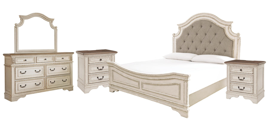 Realyn Upholstered Panel Bed with Mirrored Dresser and 2 Nightstands
