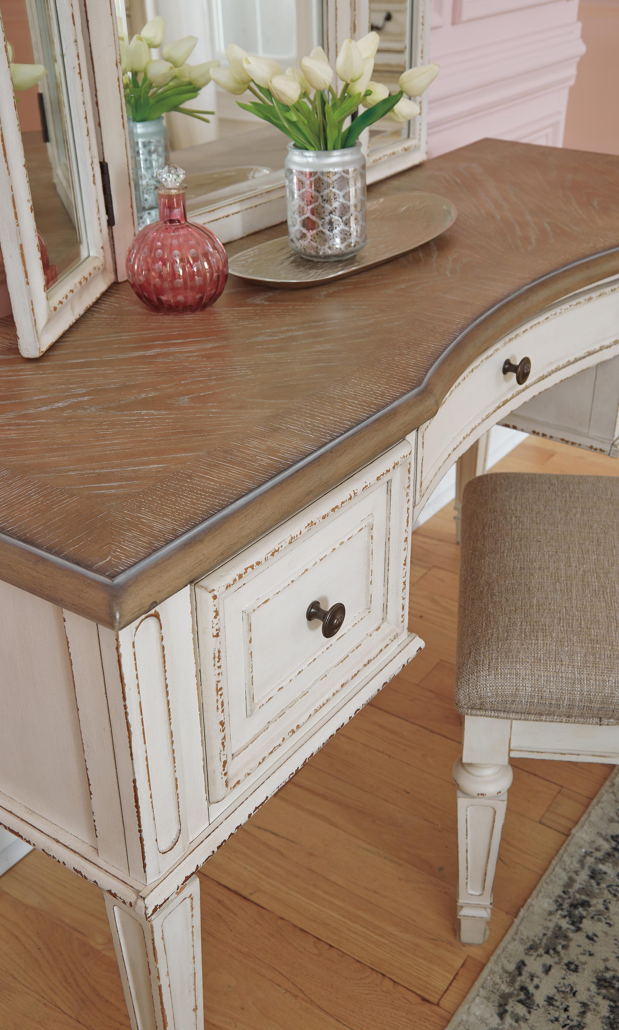 Realyn Upholstery Panel Bed, Dresser, Chest, Nightstand, and Vanity Set