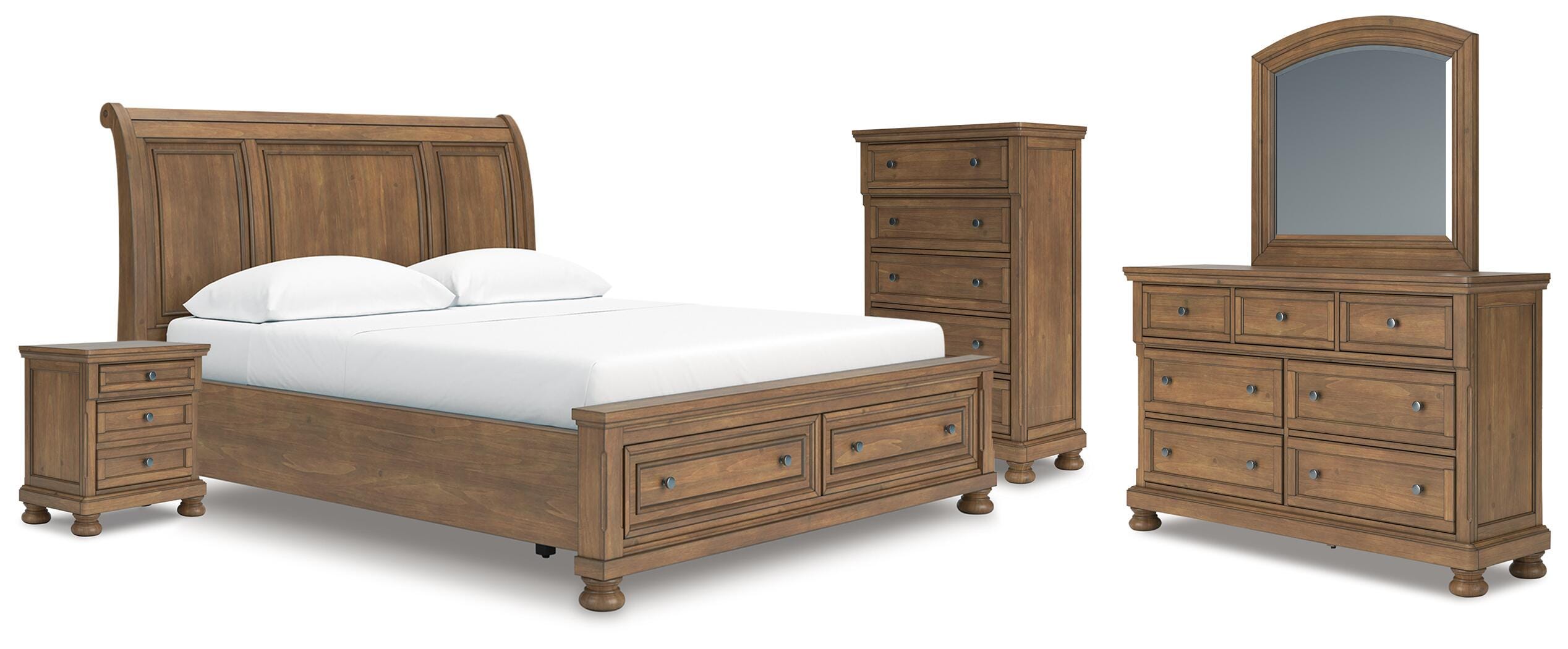 Feddinger Storage Sleigh Bed with Mirrored Dresser, Chest and Nightstand