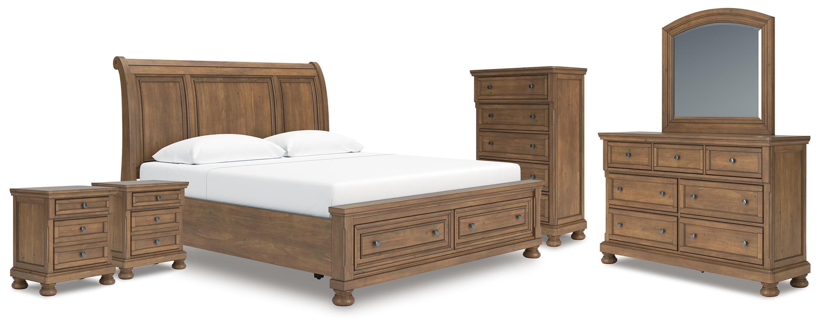 Feddinger Storage Sleigh Bed with Mirrored Dresser, Chest and 2 Nightstands