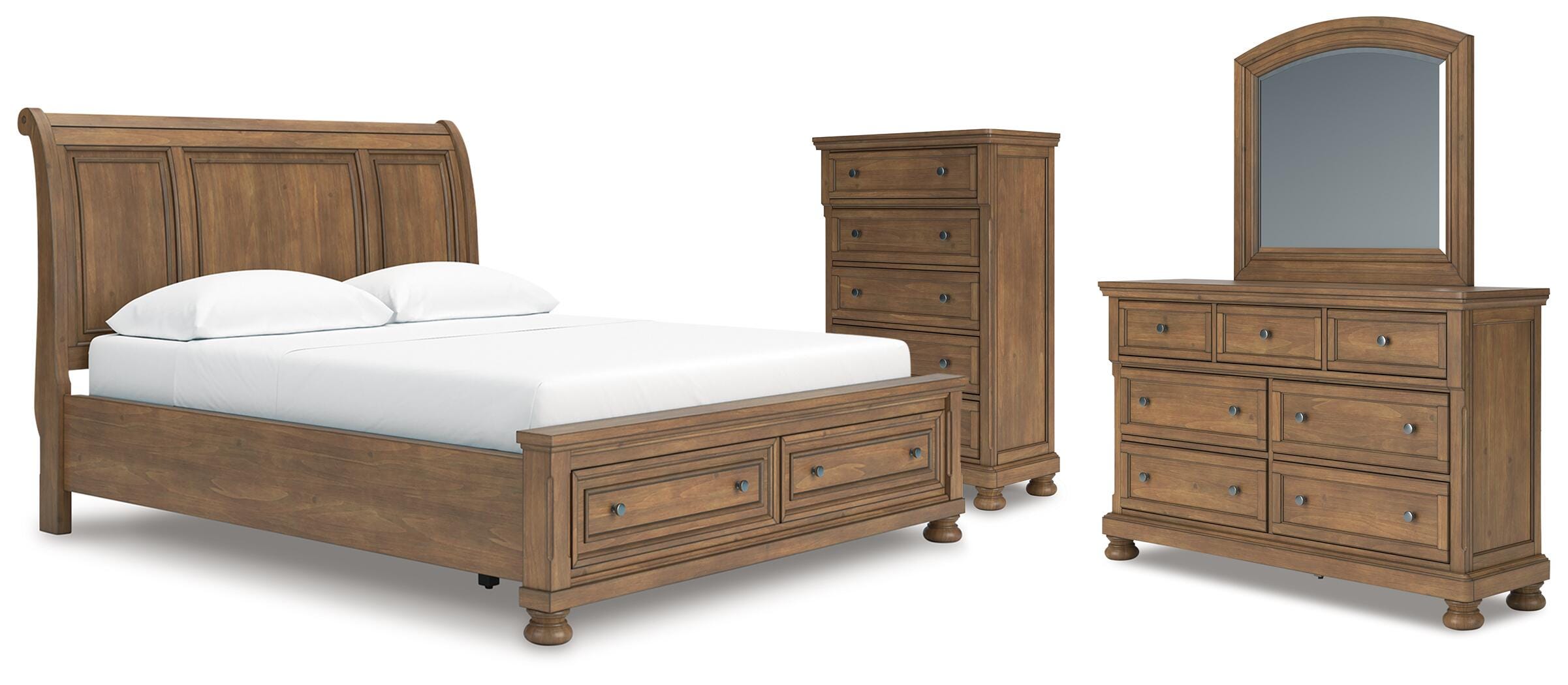 Feddinger Storage Sleigh Bed with Mirrored Dresser and Chest