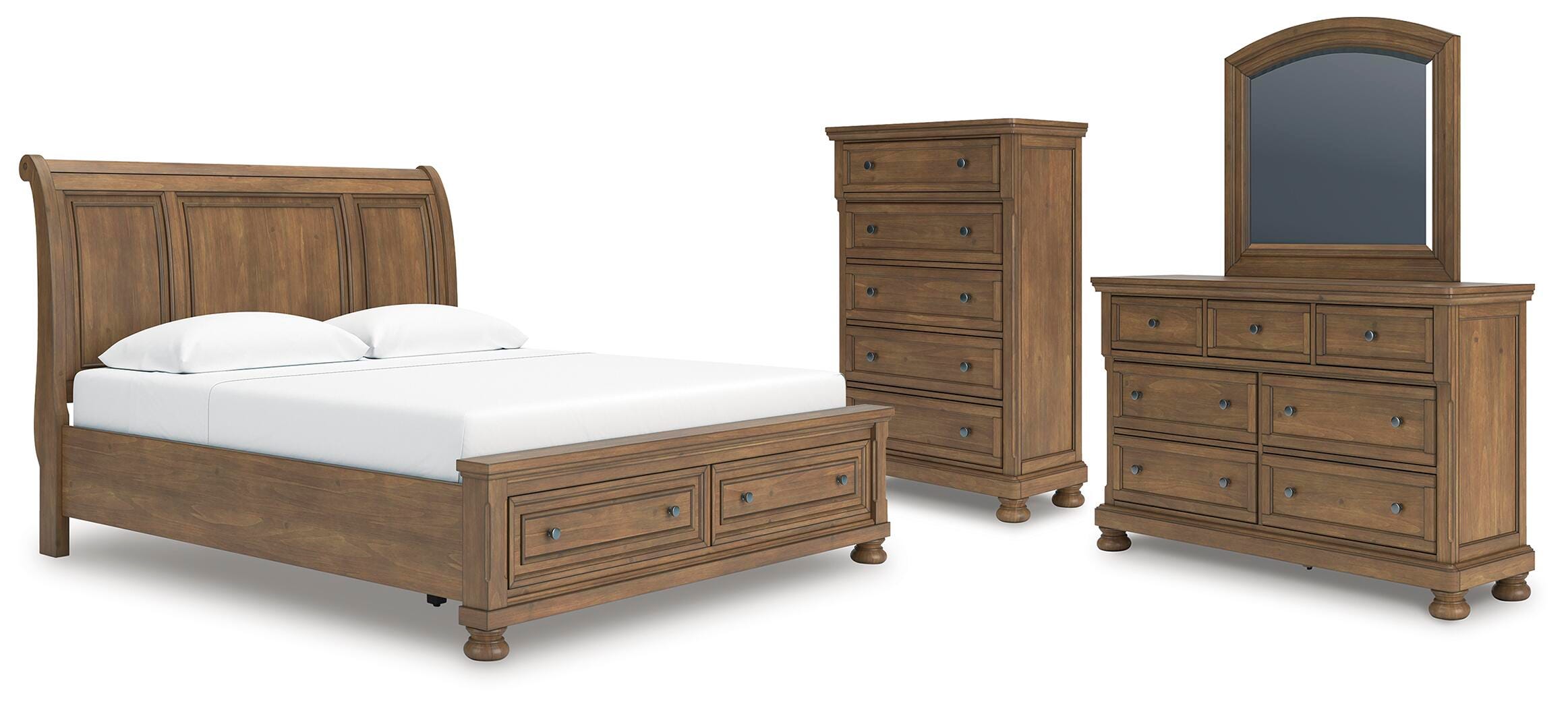 Feddinger Storage Sleigh Bed with Mirrored Dresser and Chest