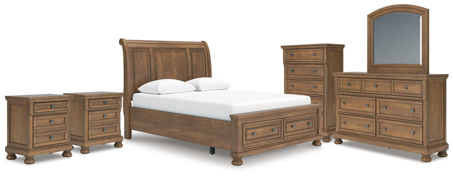 Feddinger Storage Sleigh Bed with Mirrored Dresser, Chest and 2 Nightstands
