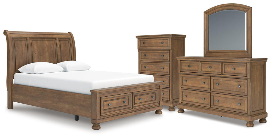 Feddinger Storage Sleigh Bed with Mirrored Dresser and Chest