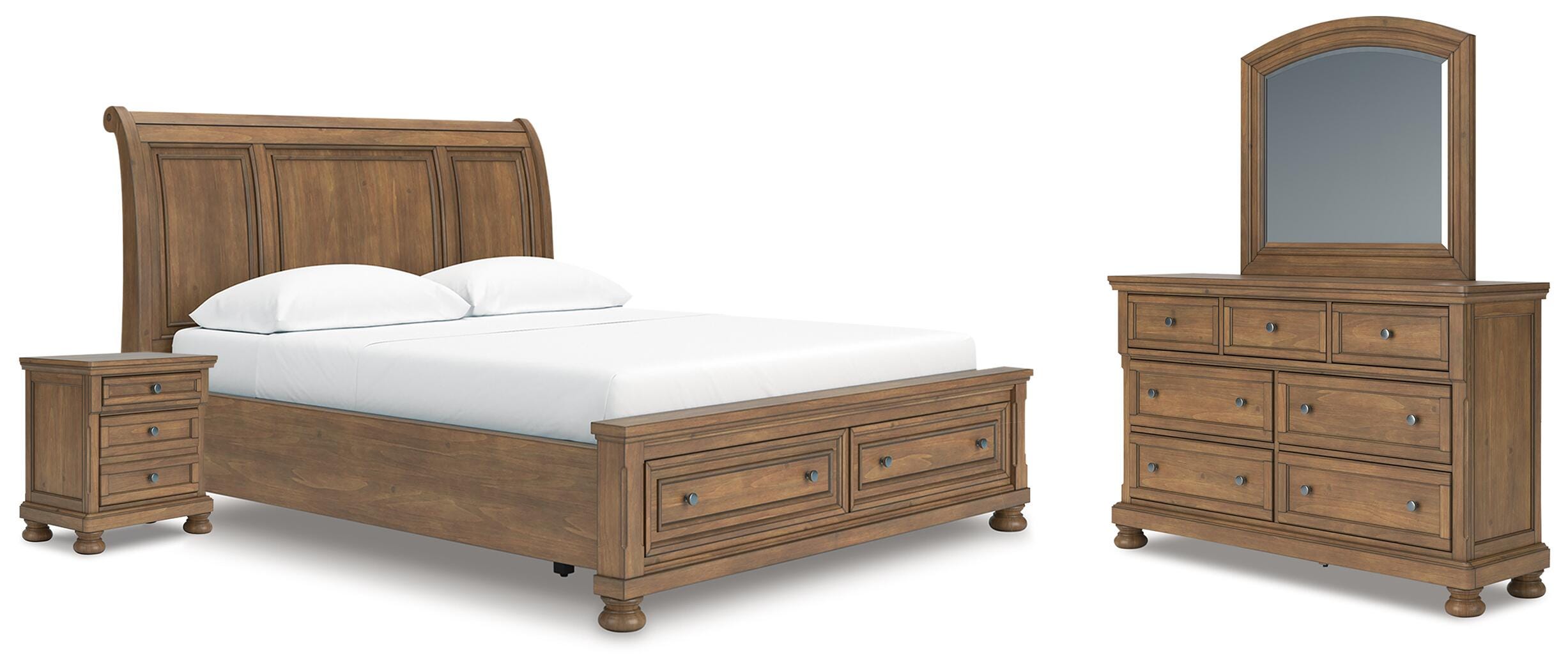 Feddinger Storage Sleigh Bed with Mirrored Dresser and Nightstand