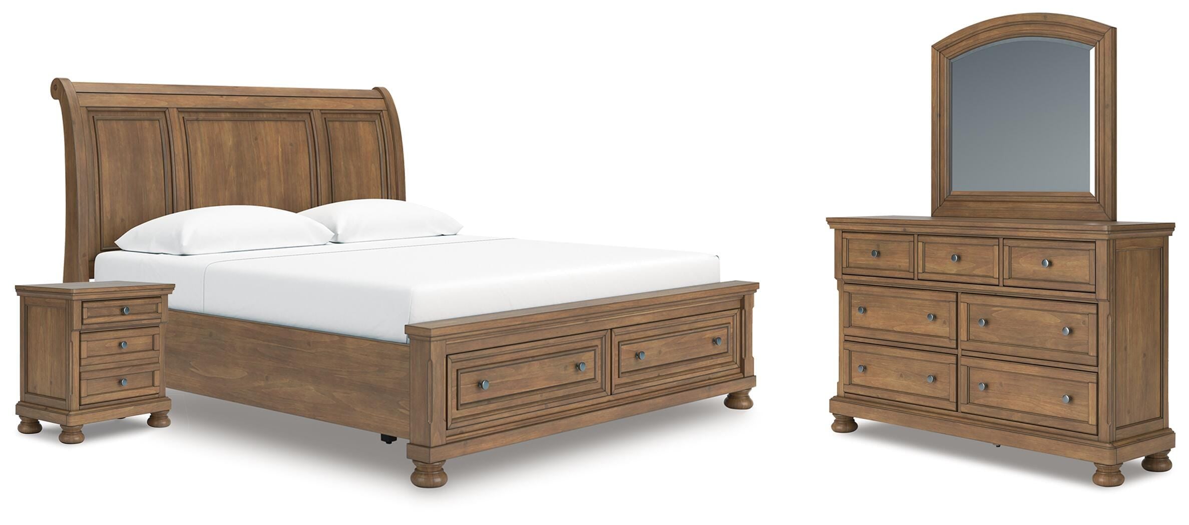 Feddinger Storage Sleigh Bed with Mirrored Dresser and Nightstand