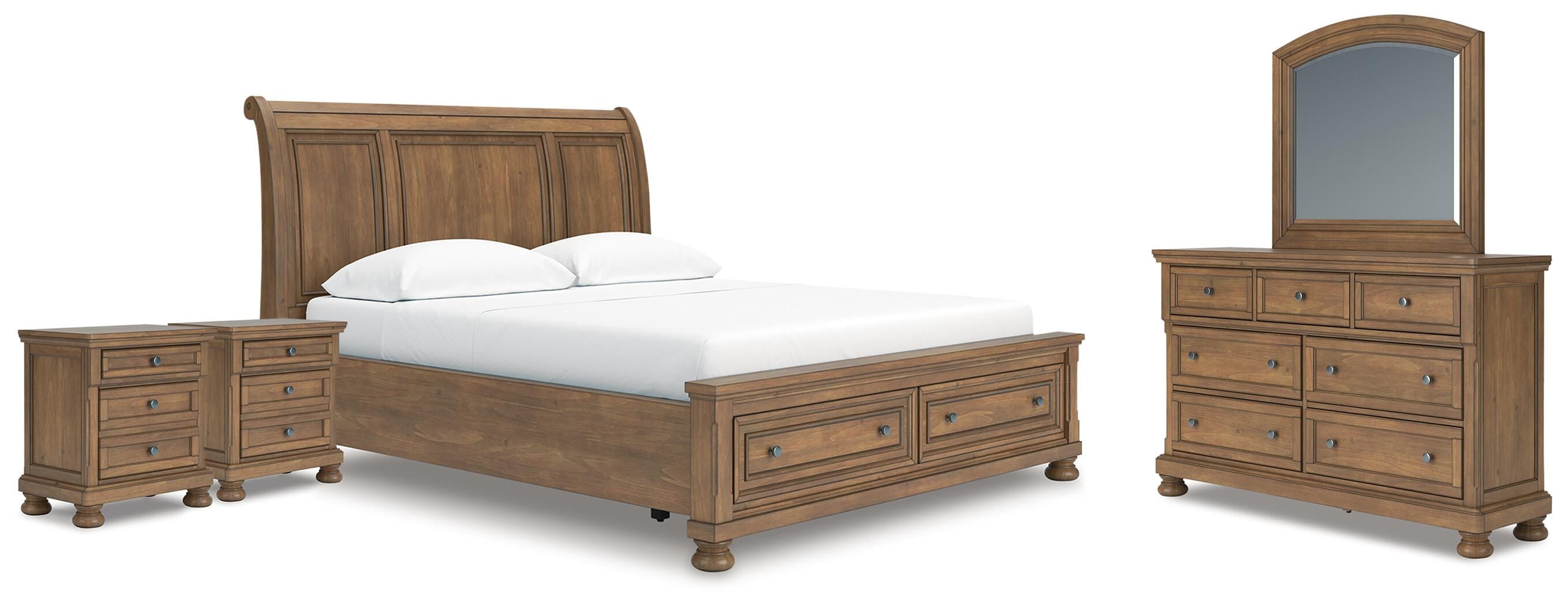 Feddinger Storage Sleigh Bed with Mirrored Dresser and 2 Nightstands