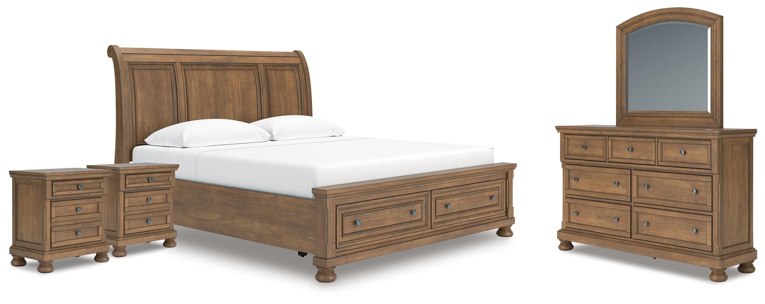Feddinger Storage Sleigh Bed with Mirrored Dresser and 2 Nightstands