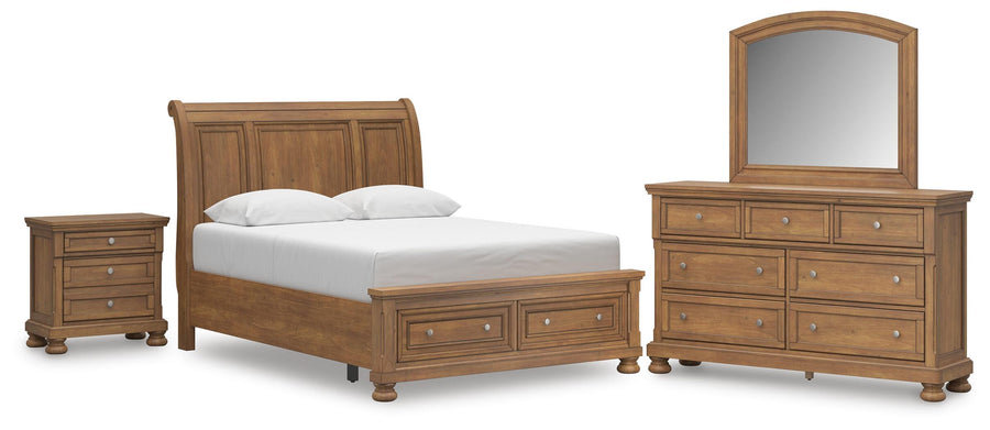 Feddinger Storage Sleigh Bed with Mirrored Dresser and Nightstand