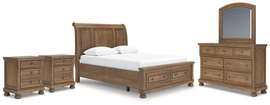 Feddinger Storage Sleigh Bed with Mirrored Dresser and 2 Nightstands