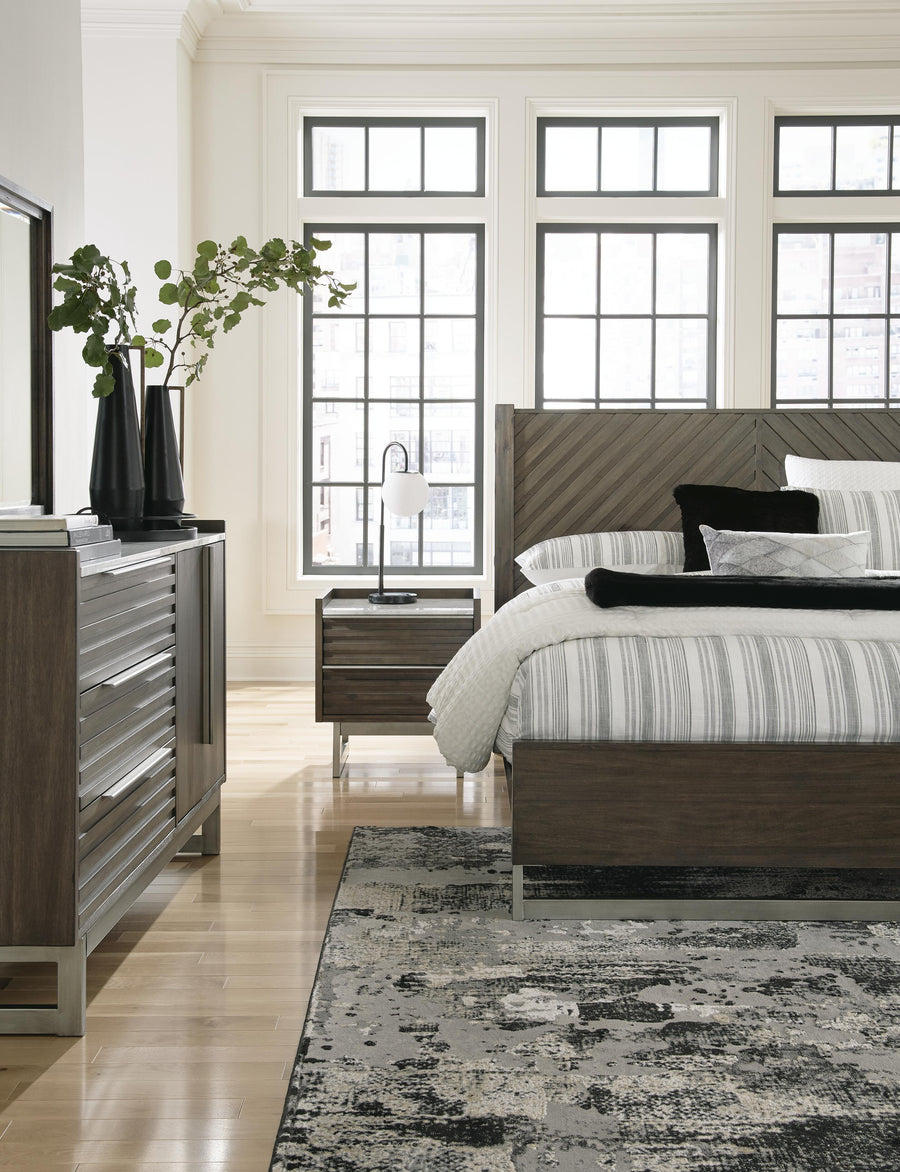 Arkenton Panel Bed with Mirrored Dresser and 2 Nightstands