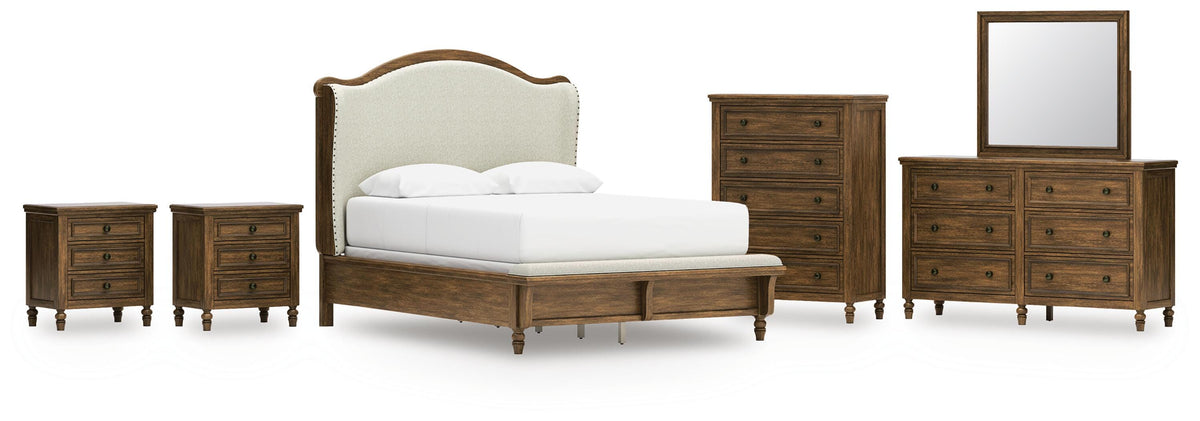 Sturlayne Upholstered Panel Bed, Dresser, Mirror, Chest and 2 Nightstands