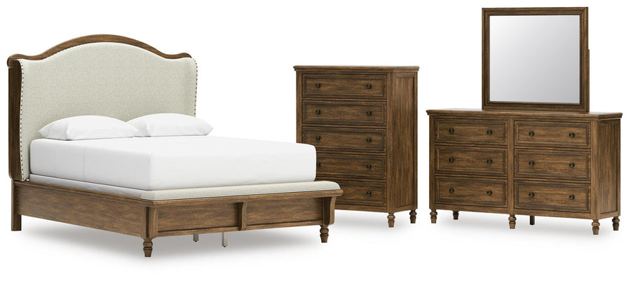 Sturlayne Upholstered Panel Bed, Dresser, Mirror and Chest