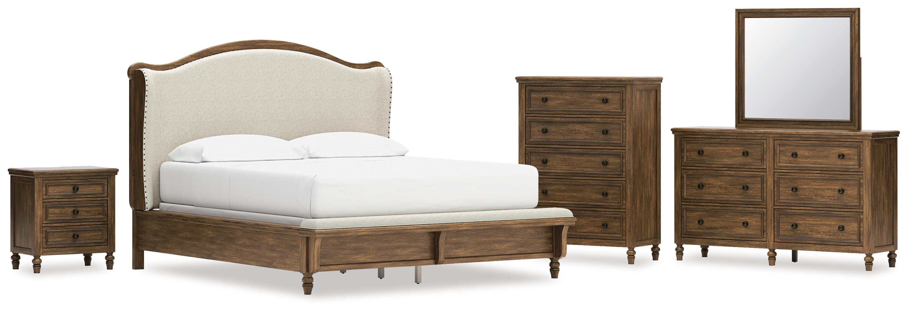 Sturlayne Upholstered Panel Bed, Dresser, Mirror, Chest and Nightstand