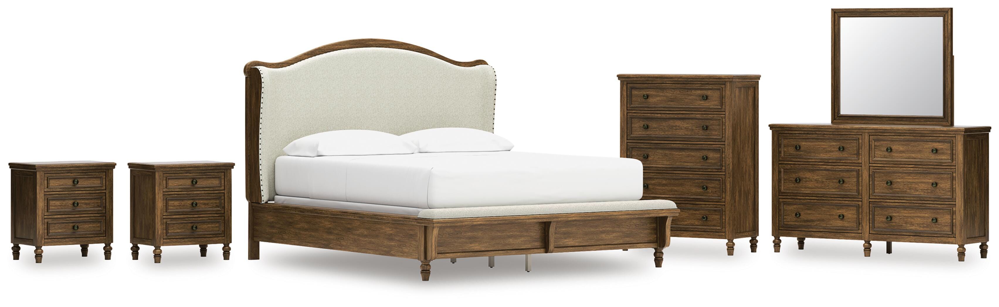 Sturlayne Upholstered Panel Bed, Dresser, Mirror, Chest and 2 Nightstands