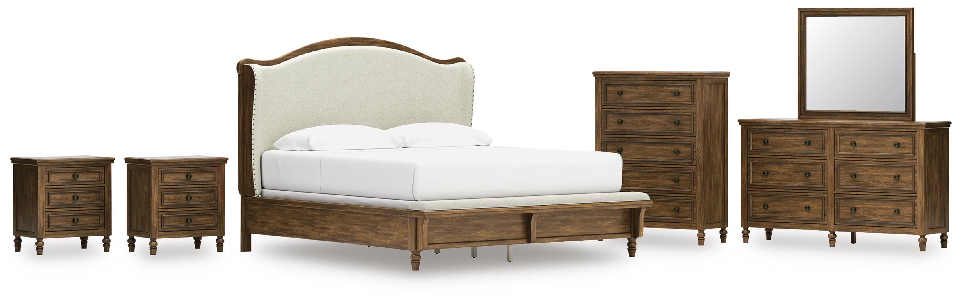 Sturlayne Upholstered Panel Bed, Dresser, Mirror, Chest and 2 Nightstands