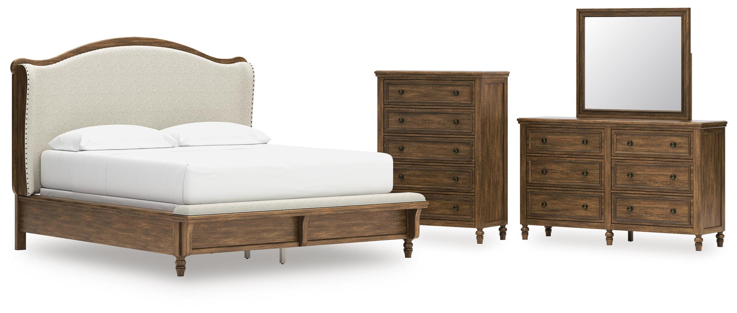 Sturlayne Upholstered Panel Bed, Dresser, Mirror and Chest