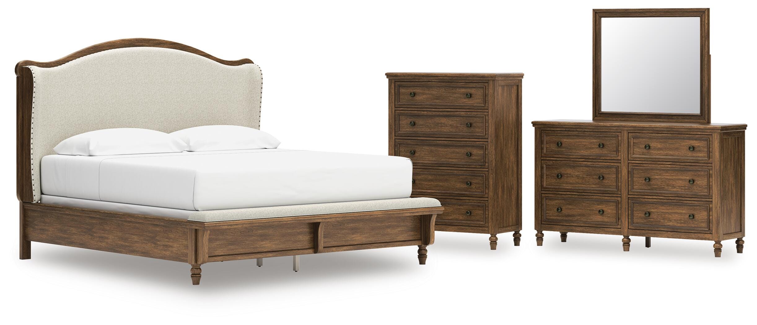 Sturlayne Upholstered Panel Bed, Dresser, Mirror and Chest