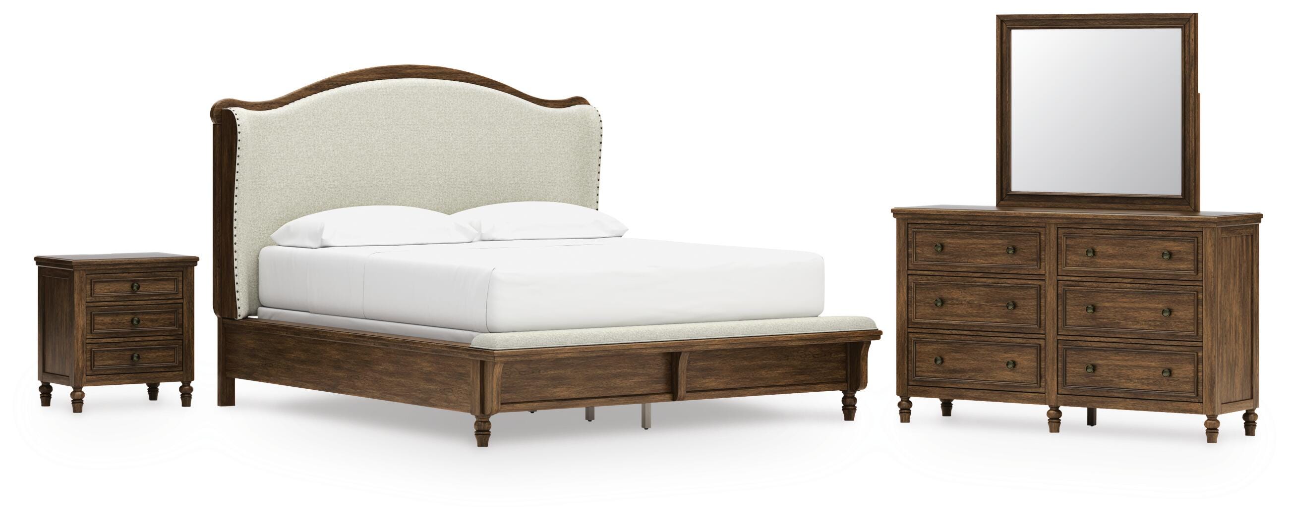 Sturlayne Upholstered Panel Bed, Dresser, Mirror and Nightstand