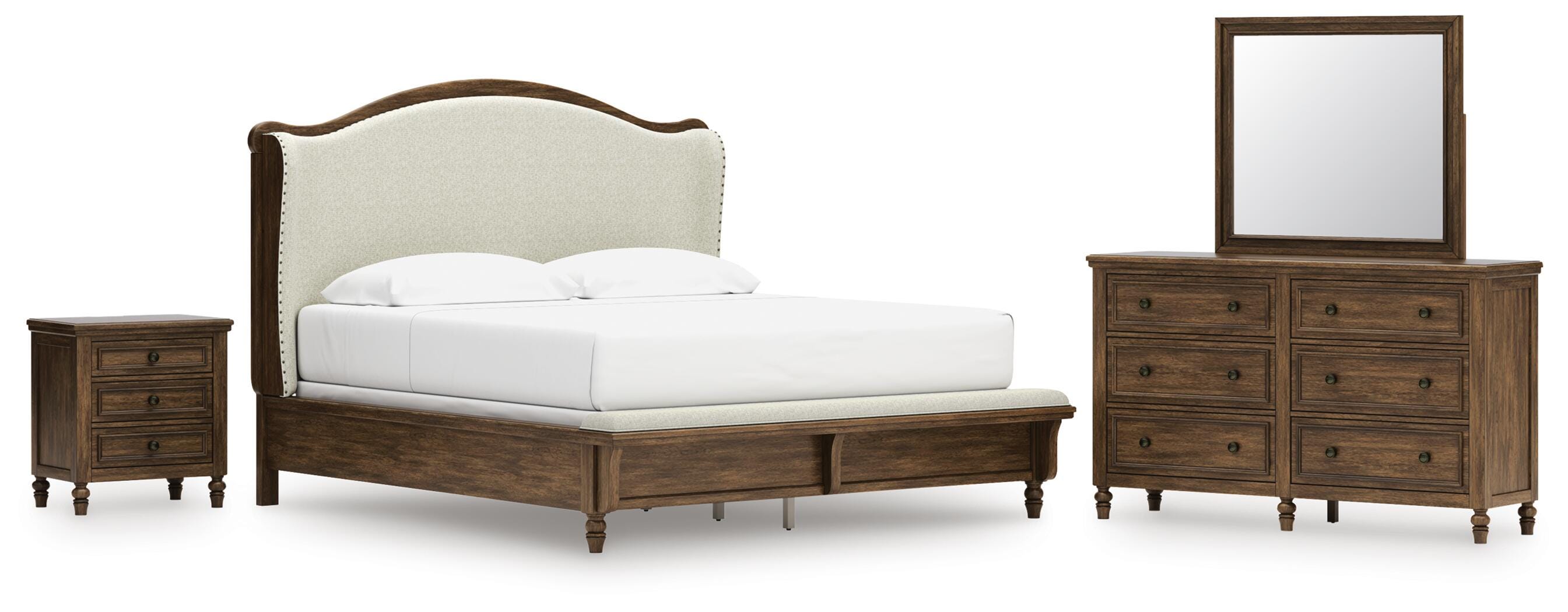 Sturlayne Upholstered Panel Bed, Dresser, Mirror and Nightstand
