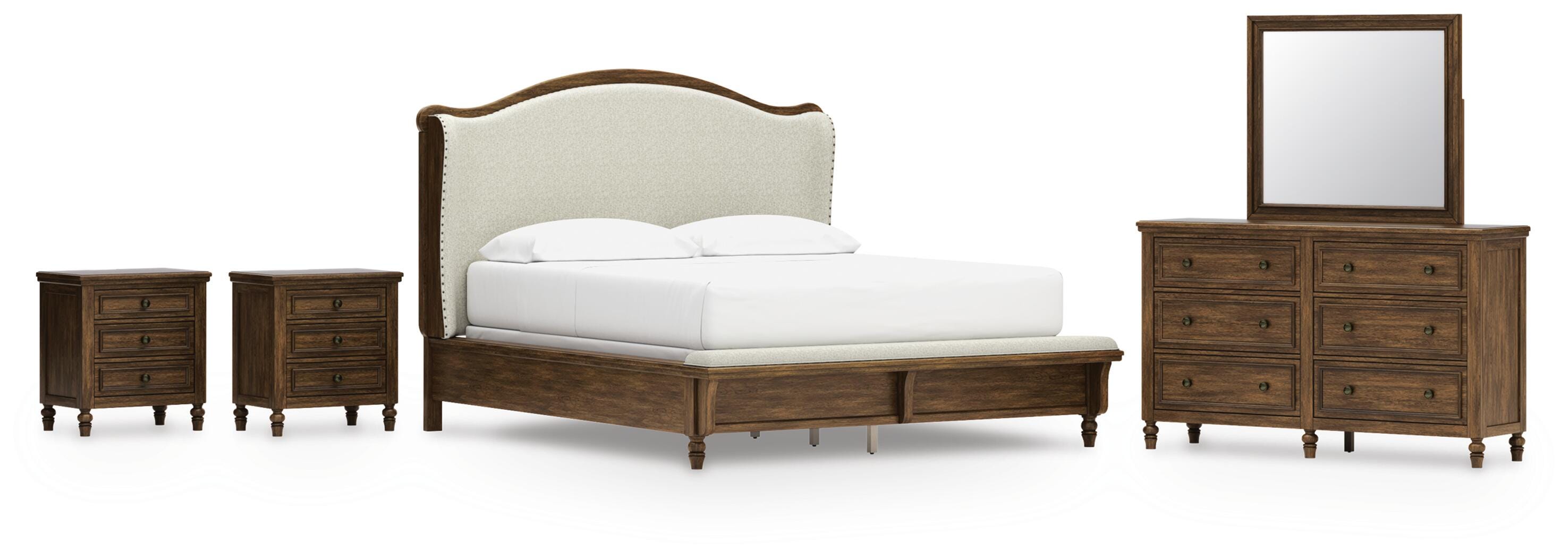Sturlayne Upholstered Panel Bed, Dresser, Mirror and 2 Nightstands