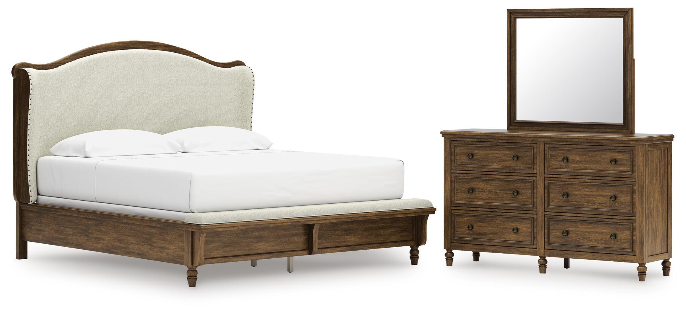 Sturlayne Upholstered Panel Bed, Dresser and Mirror