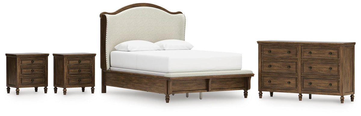 Sturlayne Upholstered Panel Bed, Dresser and 2 Nightstands