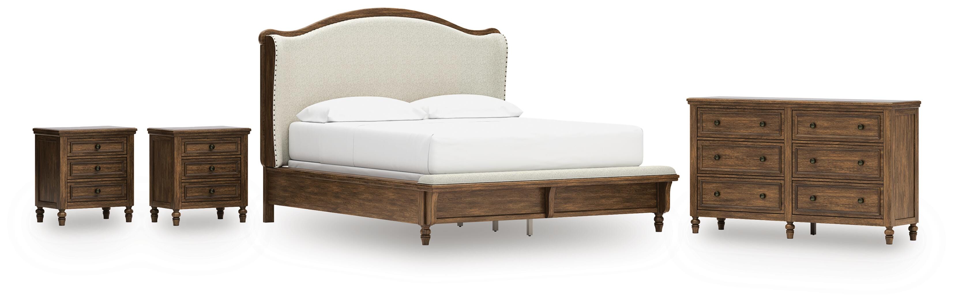 Sturlayne Upholstered Panel Bed, Dresser and 2 Nightstands