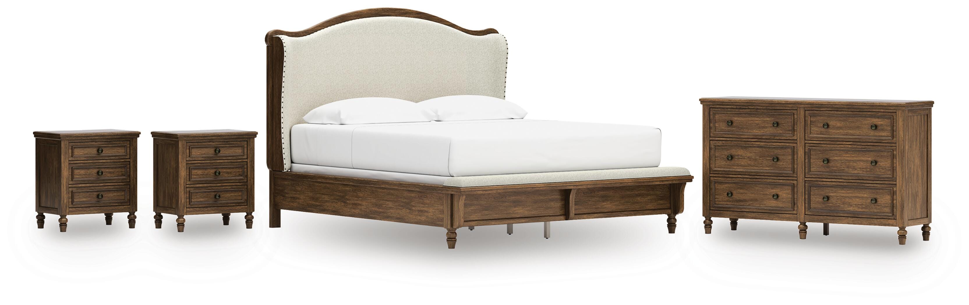 Sturlayne Upholstered Panel Bed, Dresser and 2 Nightstands