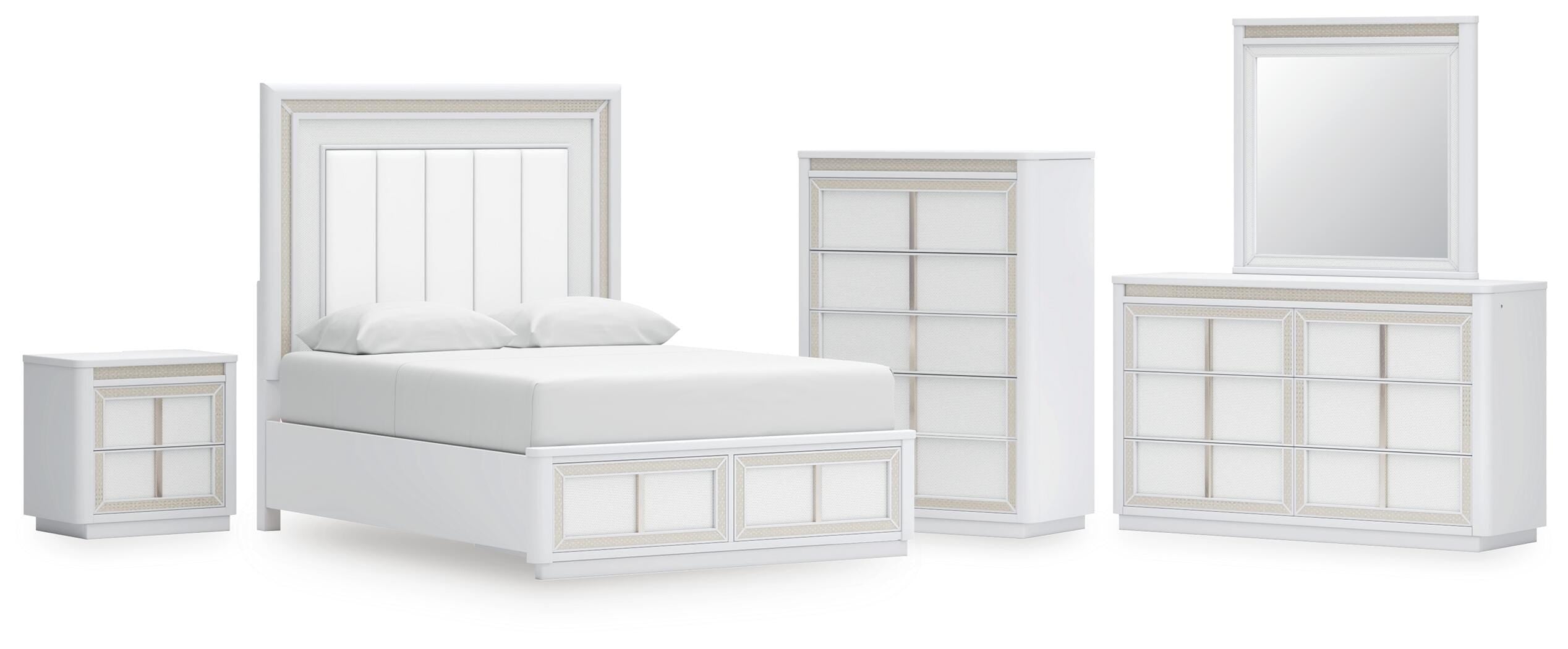 Chalanna Upholstered Storage Bed, Dresser, Mirror, Chest and Nightstand