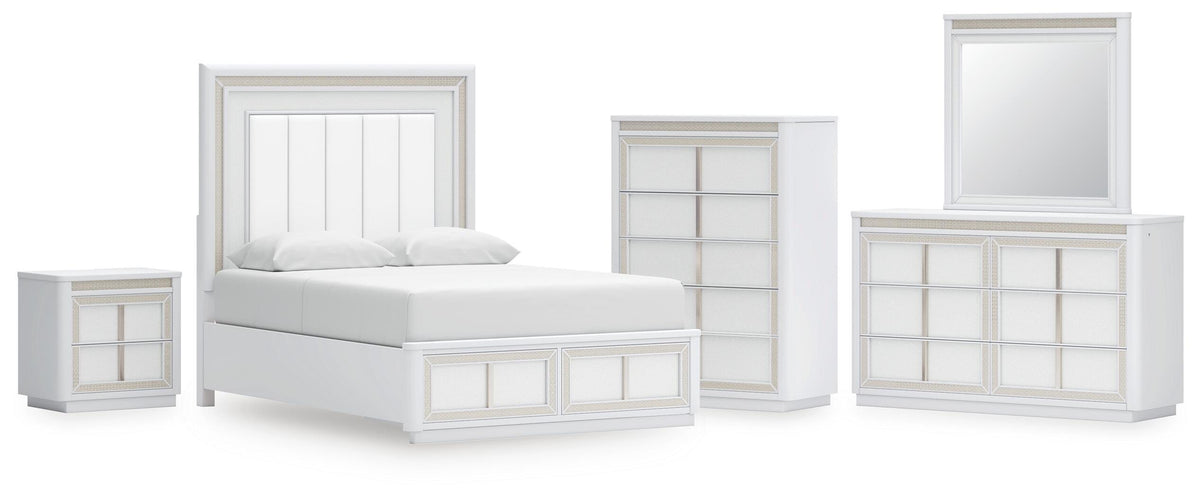 Chalanna Upholstered Storage Bed, Dresser, Mirror, Chest and Nightstand
