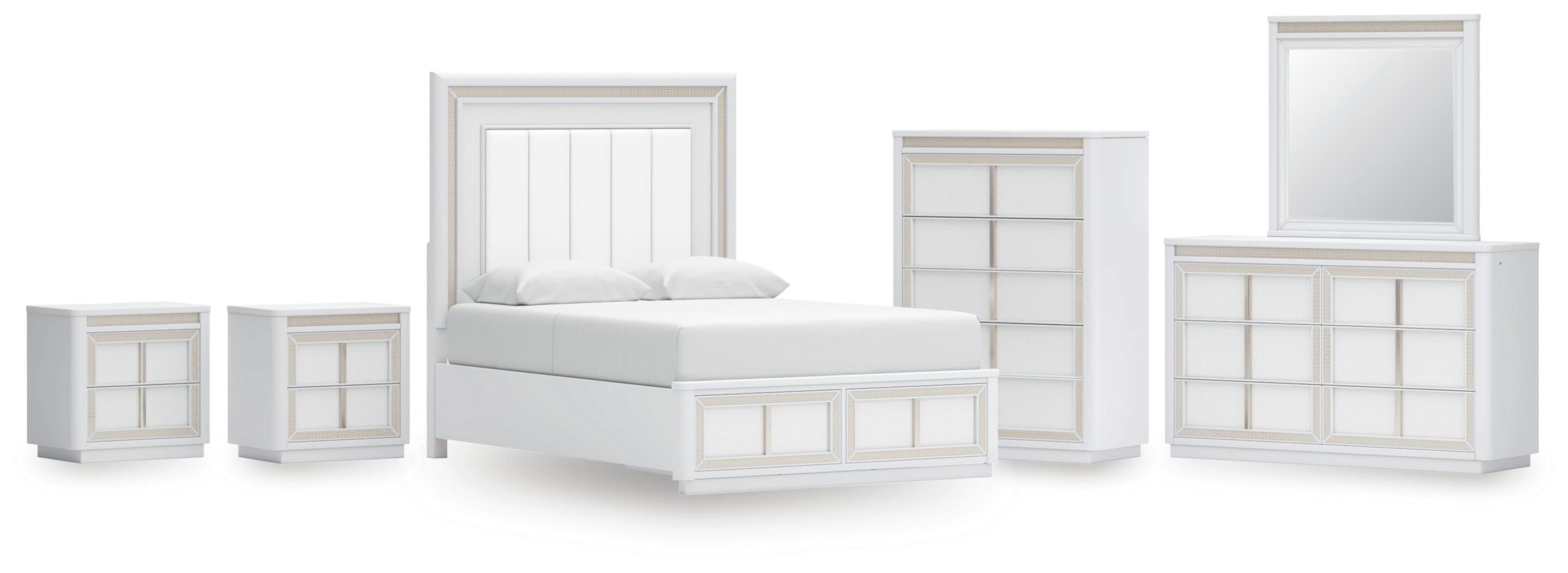 Chalanna Upholstered Storage Bed, Dresser, Mirror, Chest and 2 Nightstands