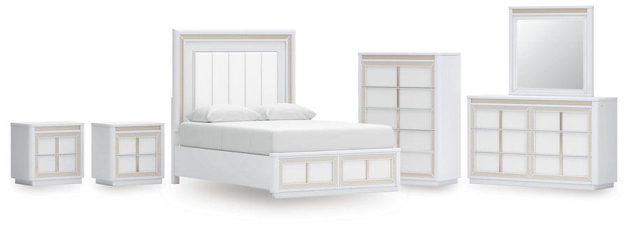Chalanna Upholstered Storage Bed, Dresser, Mirror, Chest and 2 Nightstands
