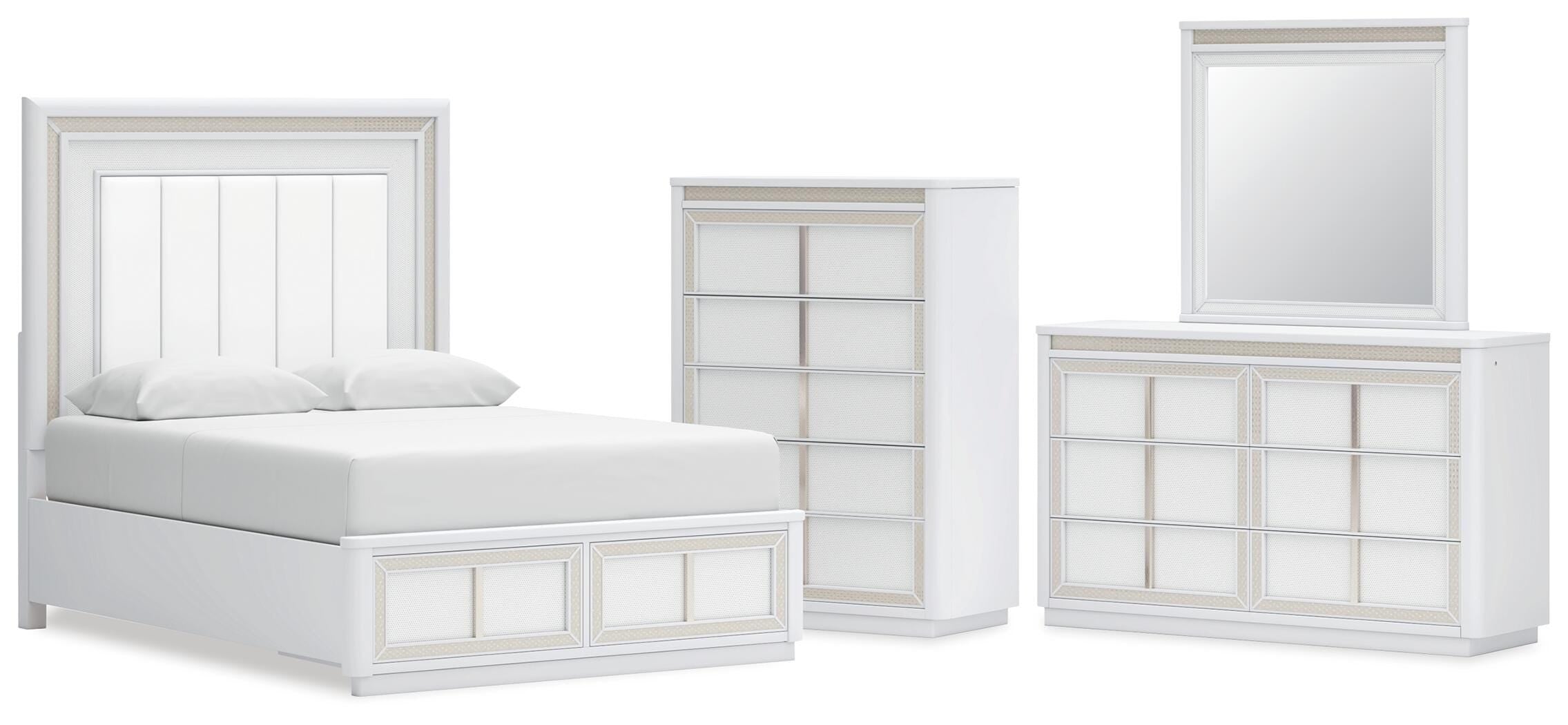 Chalanna Upholstered Storage Bed, Dresser, Mirror and Chest