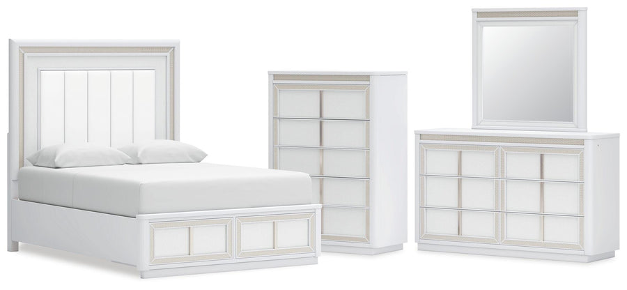 Chalanna Upholstered Storage Bed, Dresser, Mirror and Chest