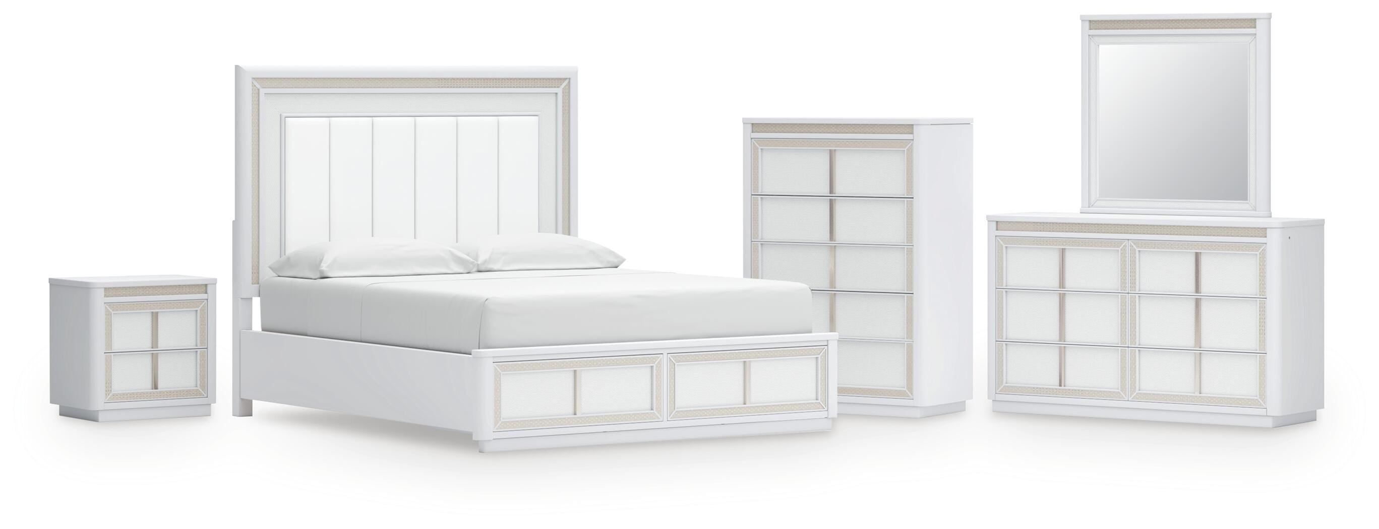 Chalanna Upholstered Storage Bed, Dresser, Mirror, Chest and Nightstand