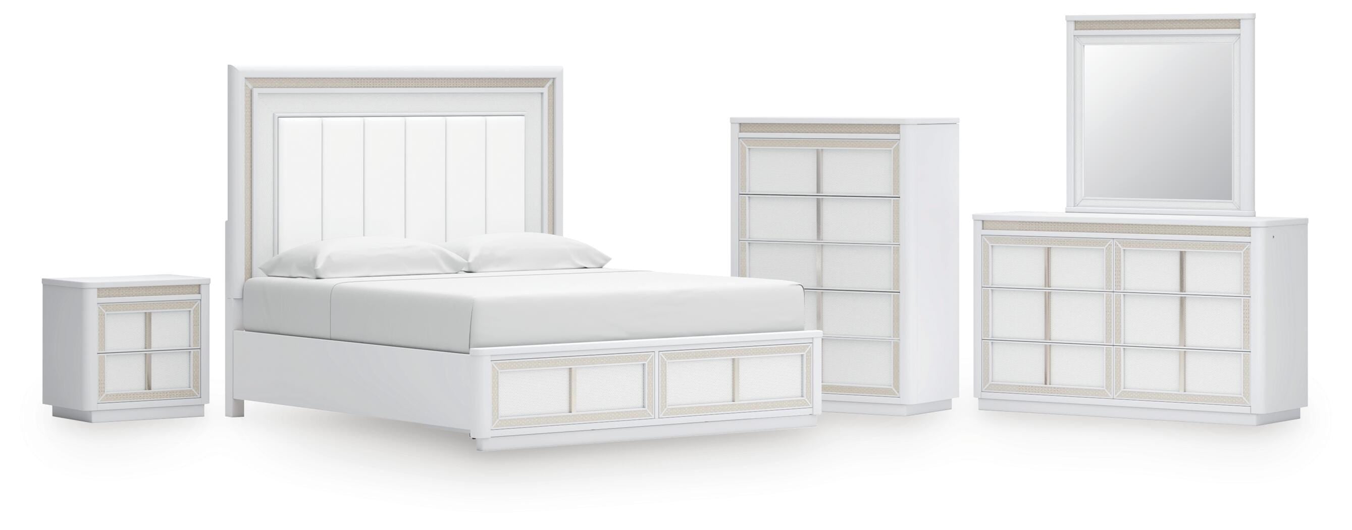 Chalanna Upholstered Storage Bed, Dresser, Mirror, Chest and Nightstand