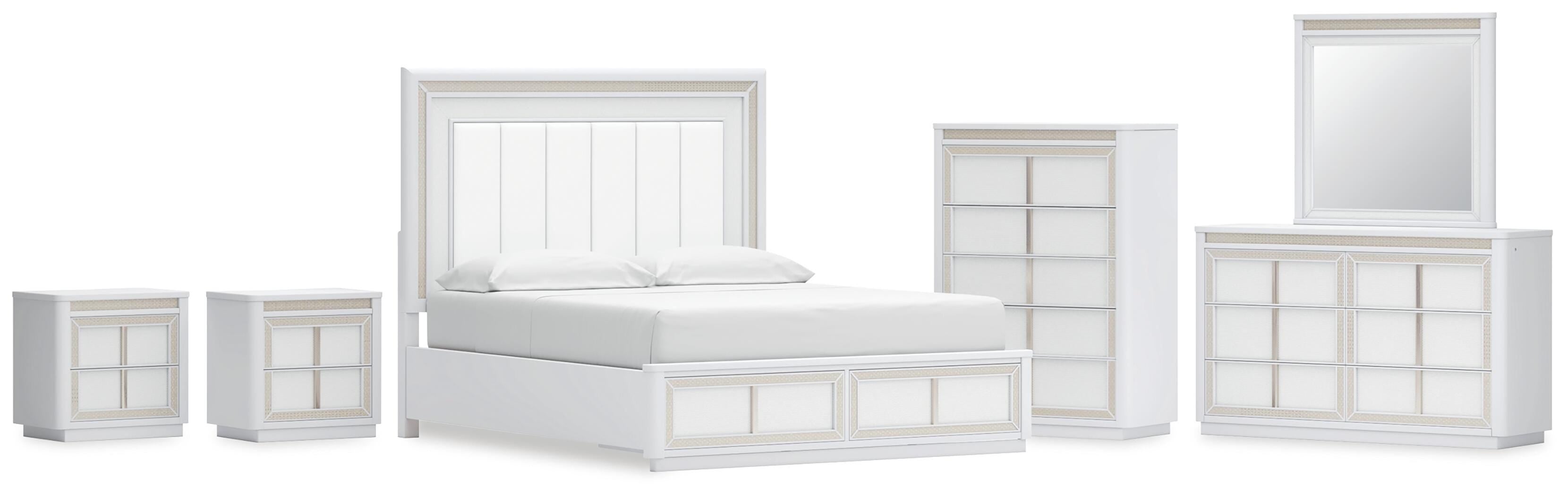 Chalanna Upholstered Storage Bed, Dresser, Mirror, Chest and 2 Nightstands