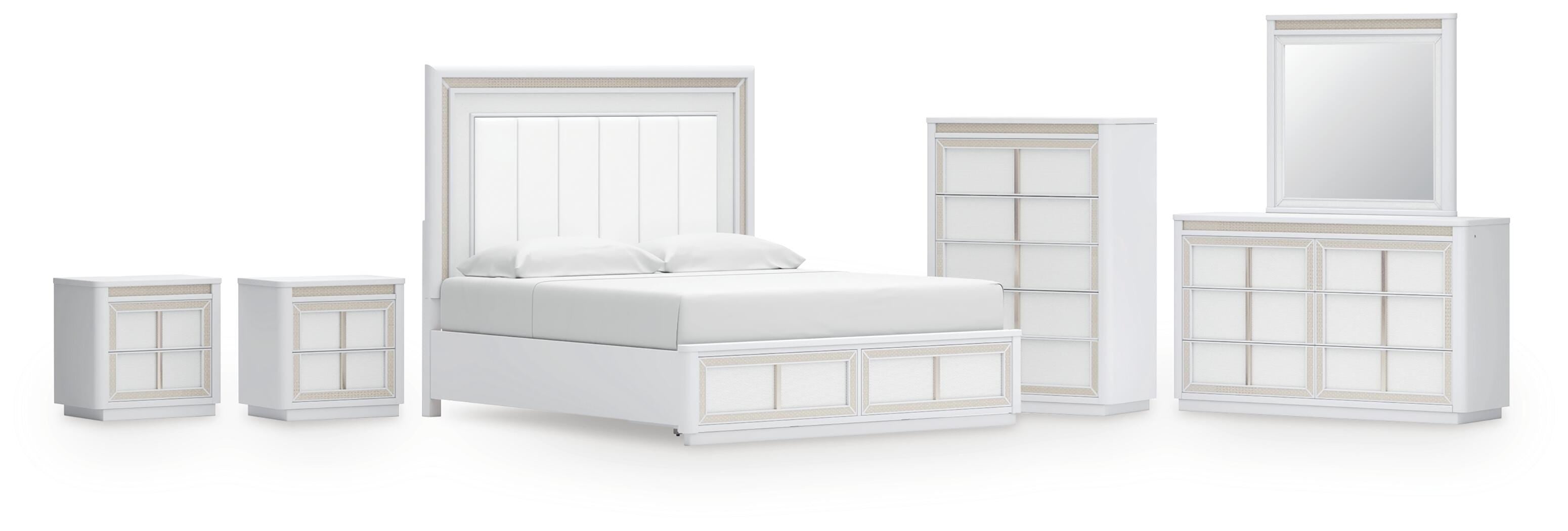 Chalanna Upholstered Storage Bed, Dresser, Mirror, Chest and 2 Nightstands