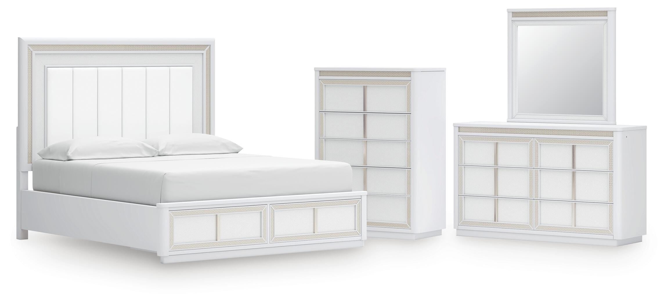 Chalanna Upholstered Storage Bed, Dresser, Mirror and Chest