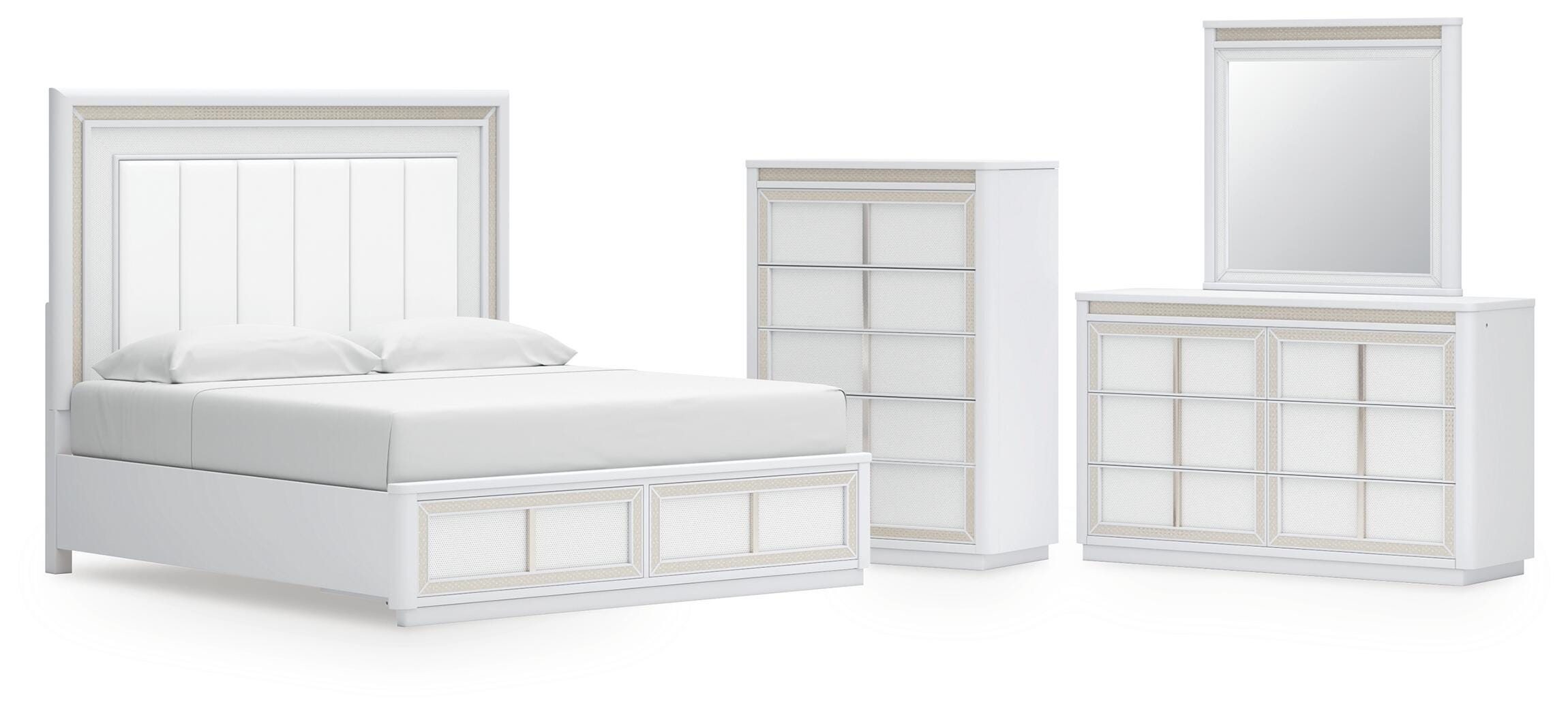 Chalanna Upholstered Storage Bed, Dresser, Mirror and Chest