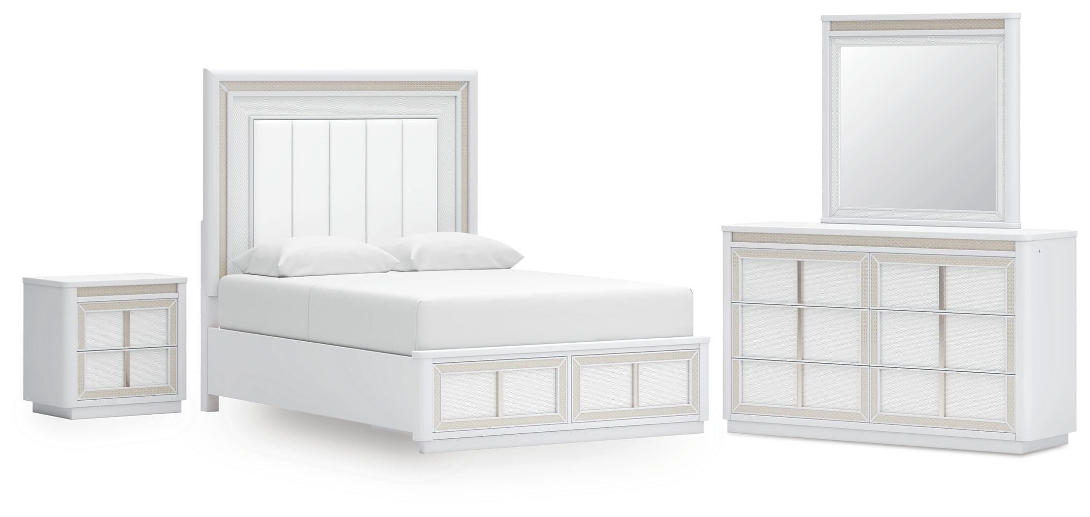 Chalanna Upholstered Storage Bed, Dresser, Mirror and Nightstand