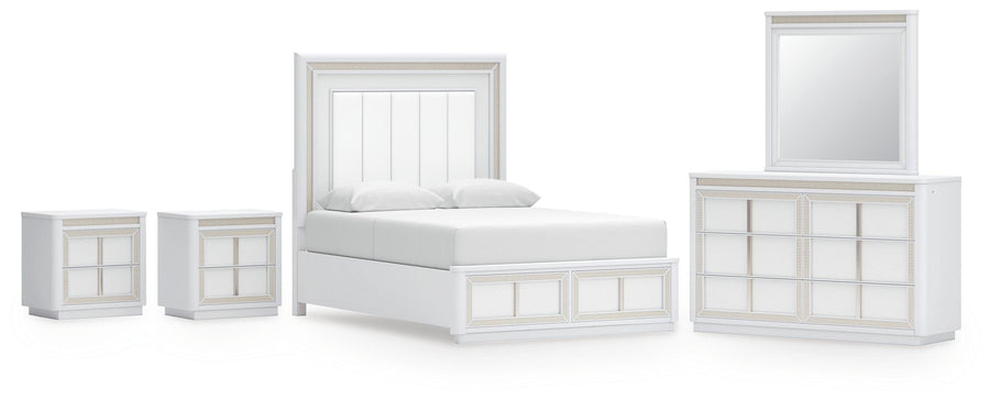 Chalanna Upholstered Storage Bed, Dresser, Mirror and 2 Nightstands