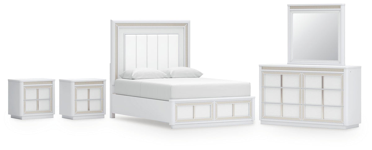 Chalanna Upholstered Storage Bed, Dresser, Mirror and 2 Nightstands