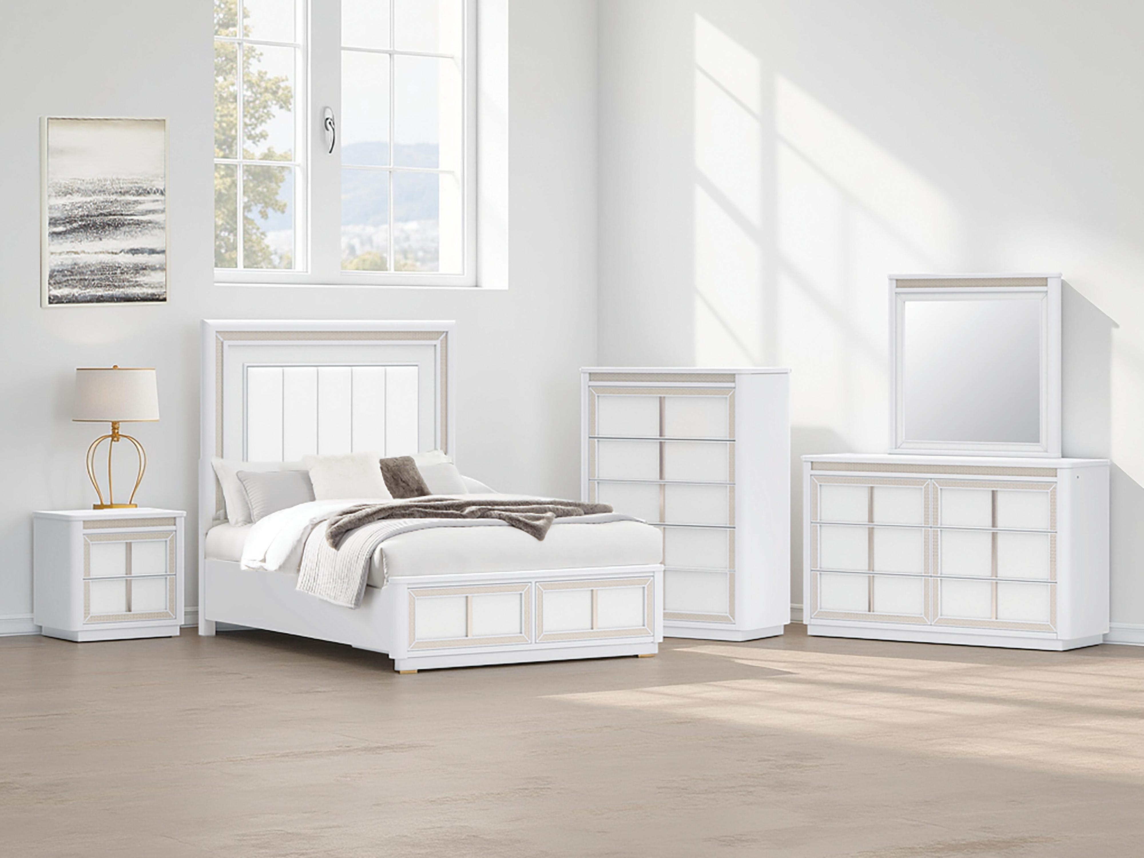 Chalanna Upholstered Storage Bed, Dresser, Mirror, Chest and 2 Nightstands