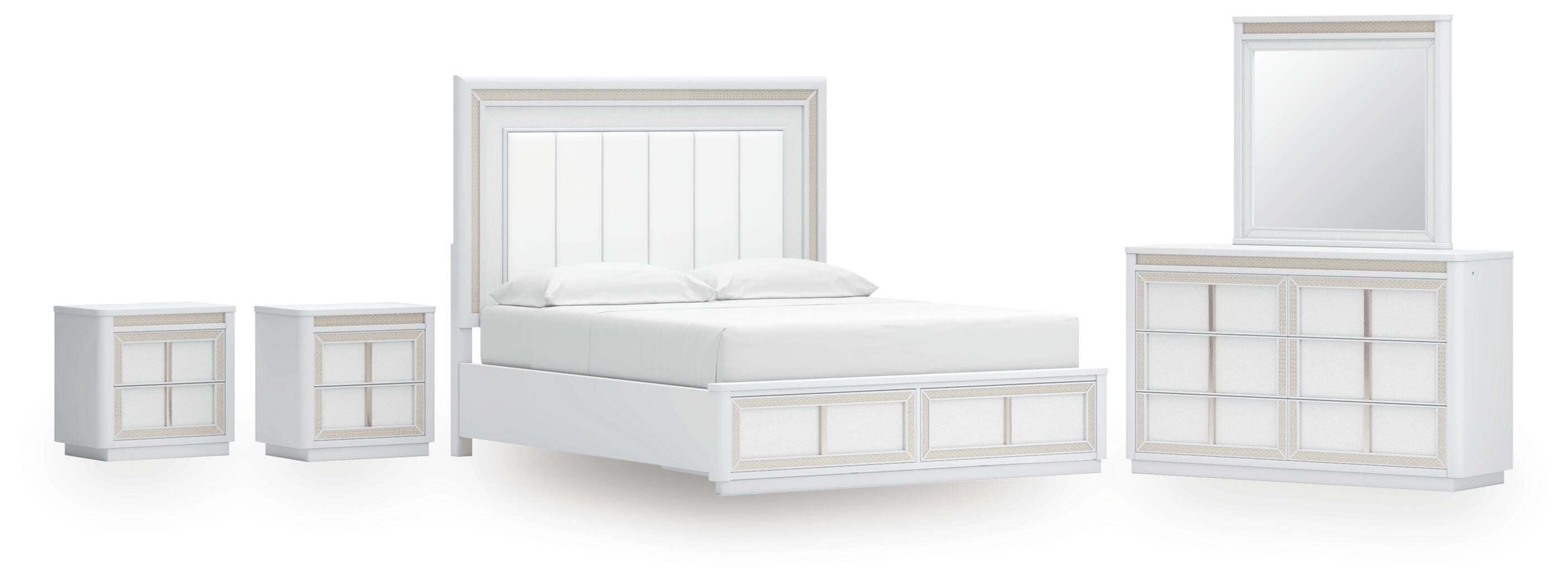 Chalanna Upholstered Storage Bed, Dresser, Mirror and 2 Nightstands