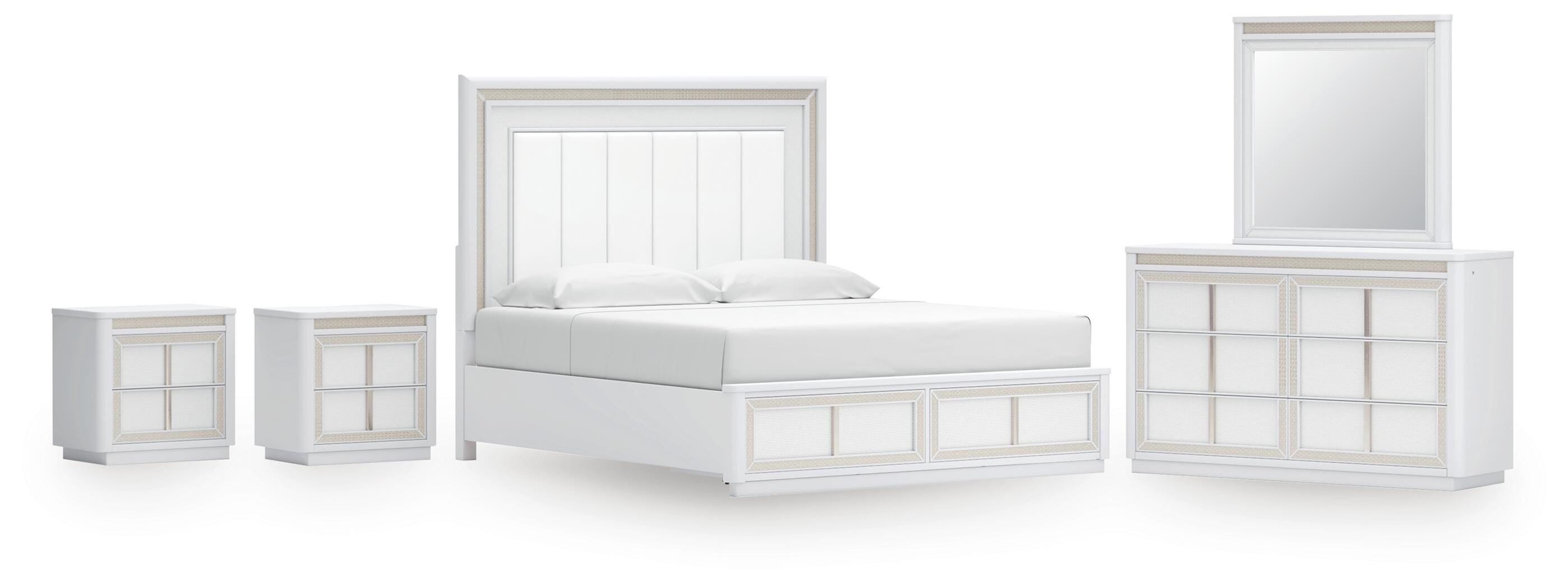 Chalanna Upholstered Storage Bed, Dresser, Mirror and 2 Nightstands