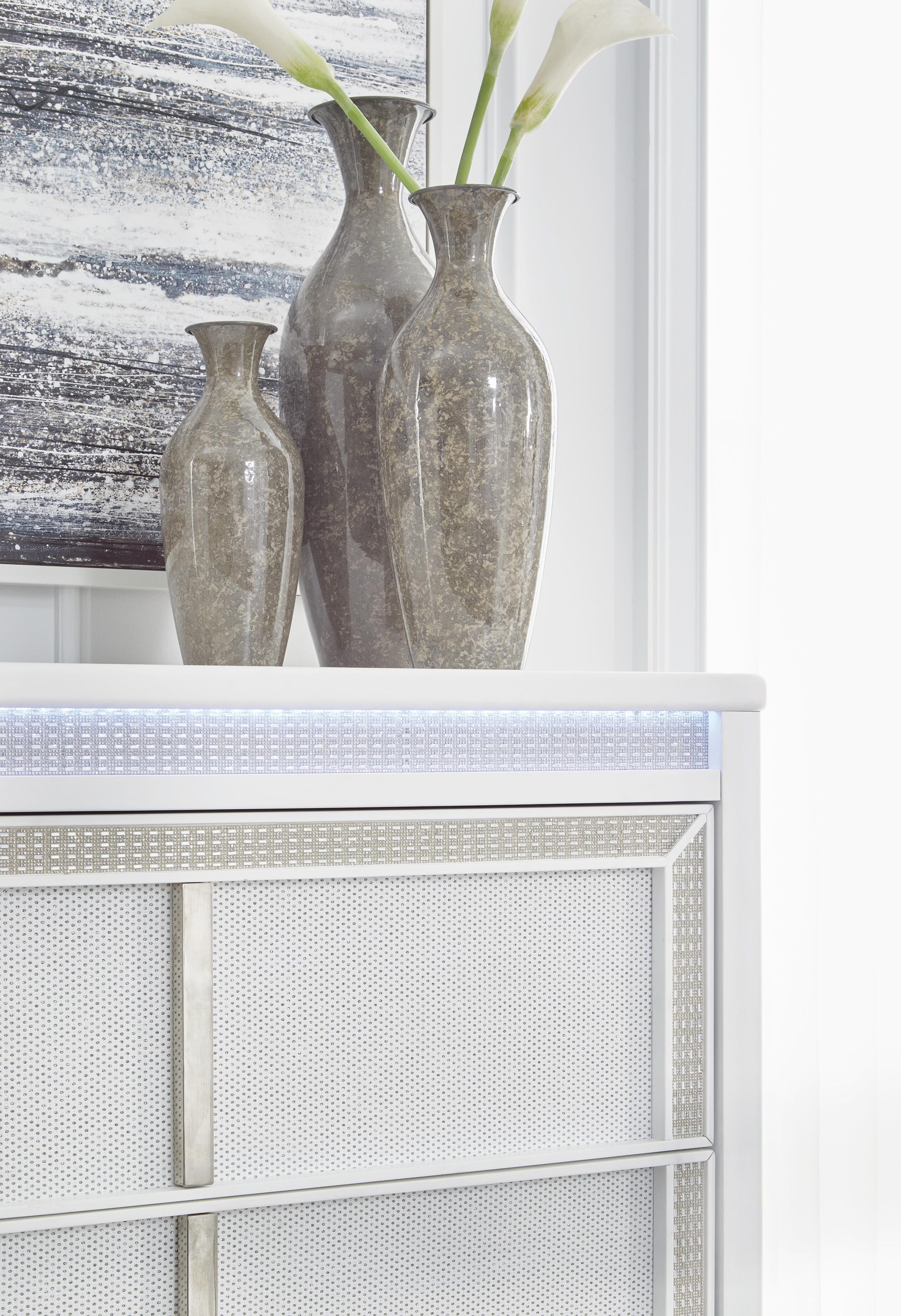 Chalanna Upholstered Storage Bed, Dresser, Mirror, Chest and Nightstand