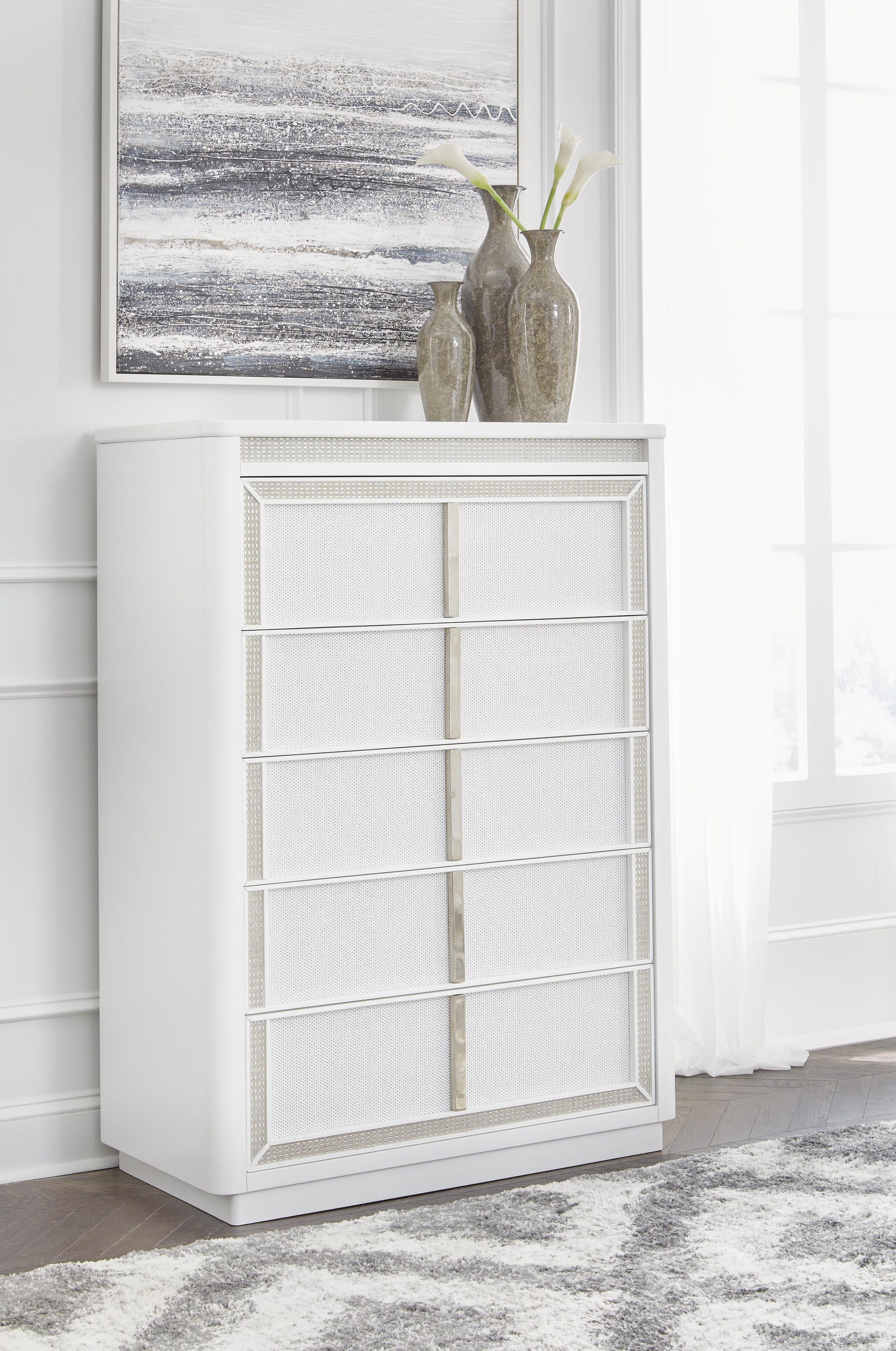 Chalanna Upholstered Storage Bed, Dresser, Mirror, Chest and Nightstand