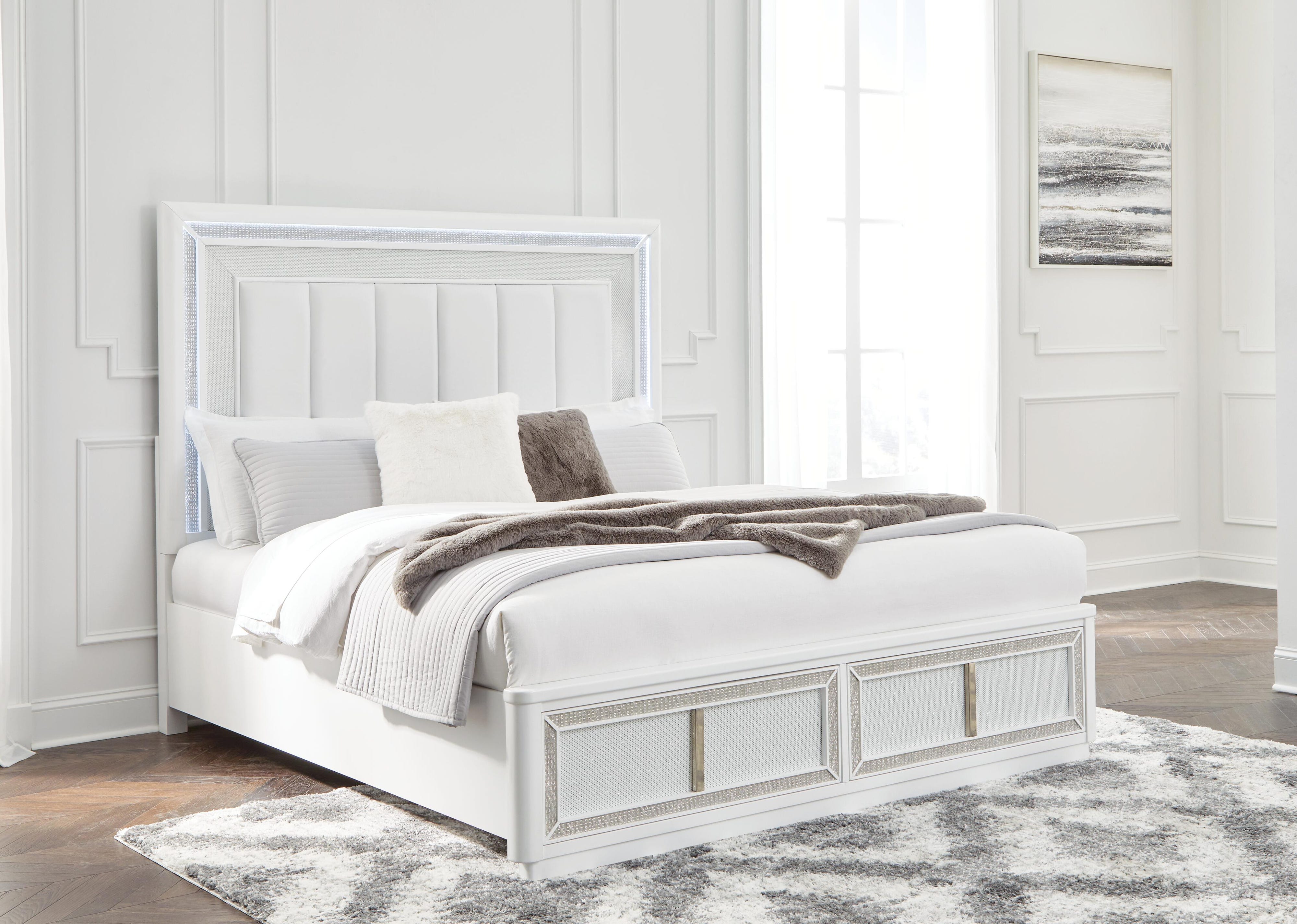 Chalanna Upholstered Storage Bed, Dresser, Mirror, Chest and Nightstand